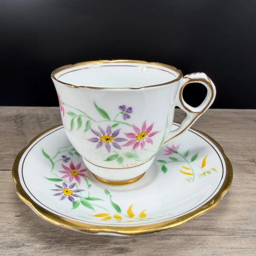 Royal Stafford‎ Bone China Teacup and Saucer Set Floral Gold Gilt England 8163H